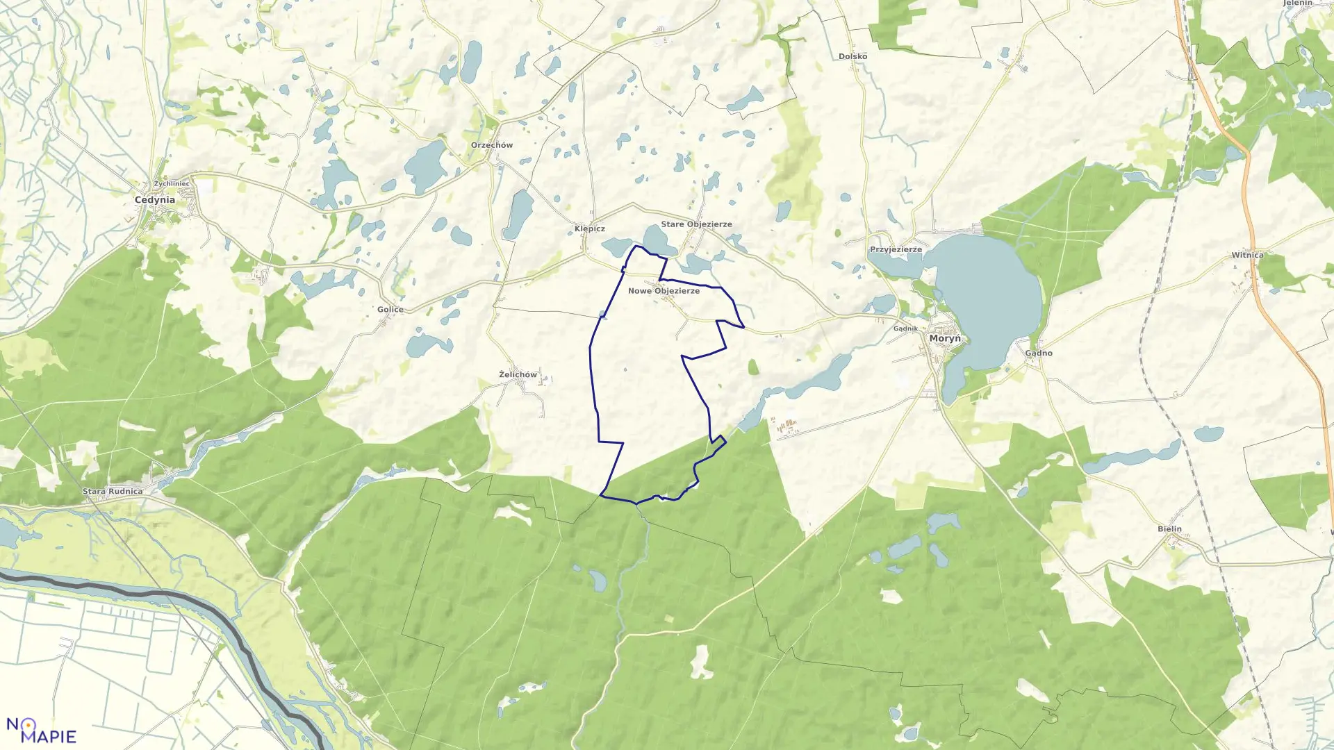 Mapa obrębu Nowe Objezierze w gminie Moryń